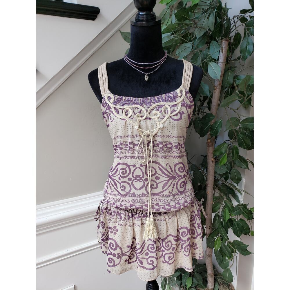 Freelance Tunic Top Womens Large White Purple Print Smocked Waist Ruffle Hem
